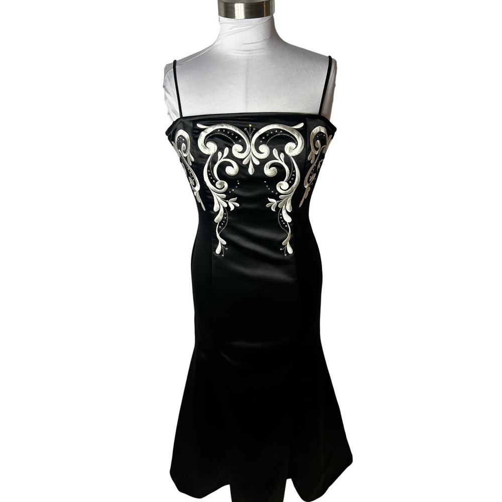 Vintage  90's Jessica McClintock Black Satin Embroidered Mermaid Gown Size 6